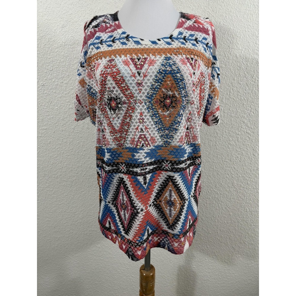 Vocal Shirt Womens Medium Southwest Rhinestone‎ Cold Shoulder Mesh Made USA